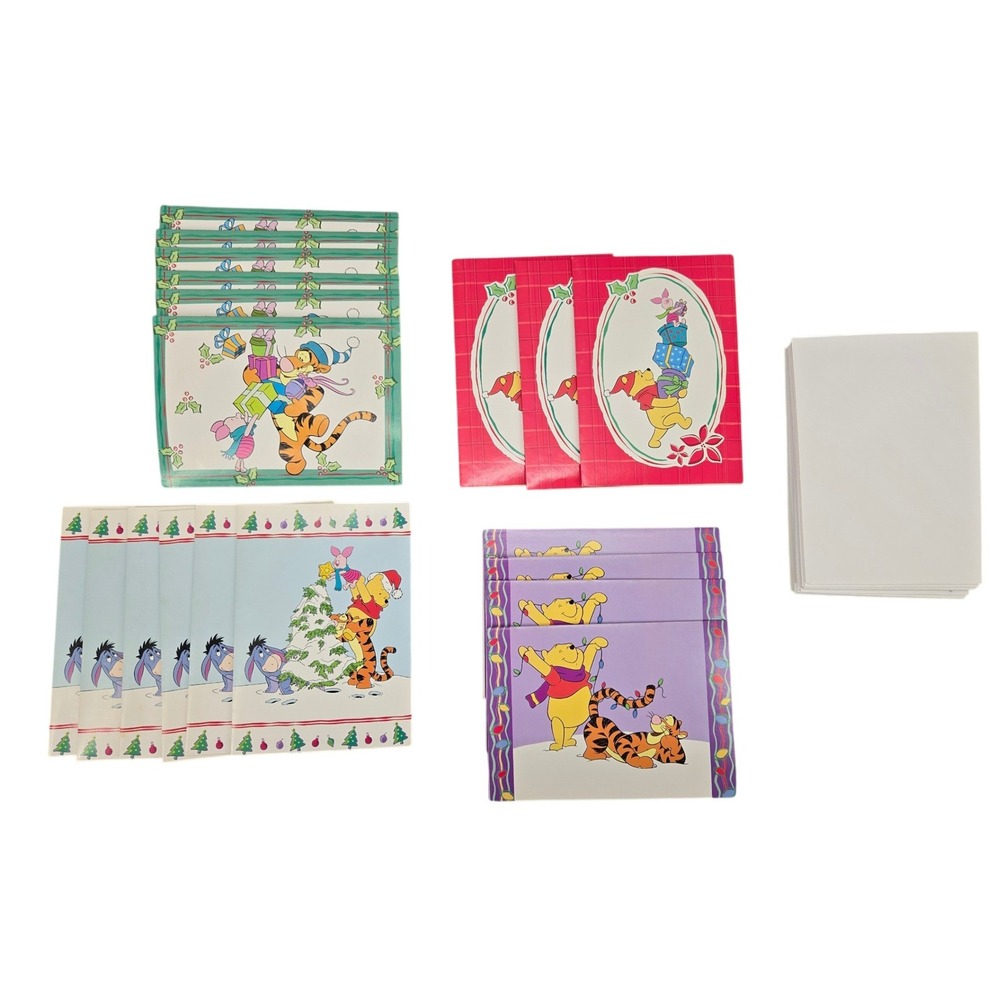 Vtg Disney Winnie the Pooh Tigger Eeyore Holiday Christmas Card Set Envelopes 19